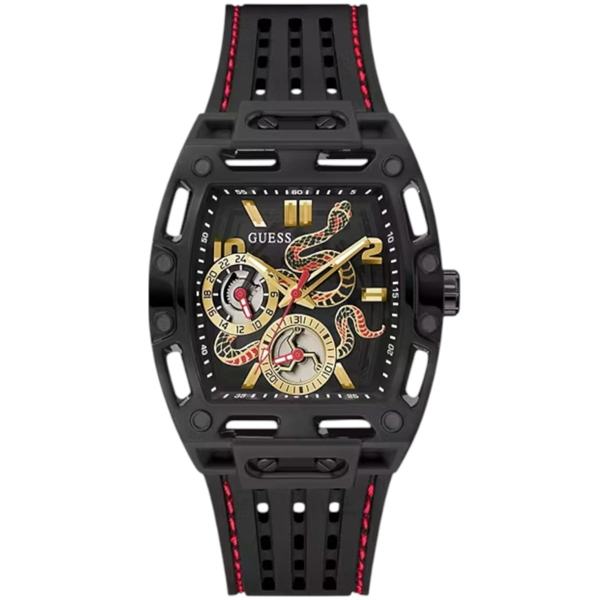 Guess Phoenix GW0857G1 men's watch - black snake skeleton dial black rubber strap