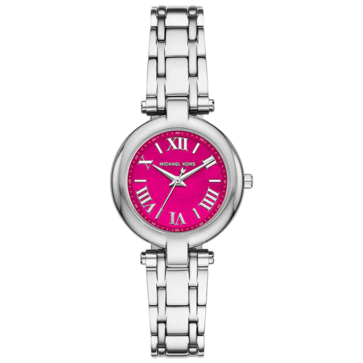 Michael Kors women's analog watch with a silver-tone stainless steel link bracelet, a round silver case, and a vibrant hot pink dial featuring Roman numeral hour markers.