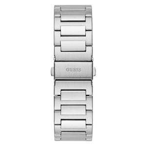 Silver watch band with 'GUESS' branding on a white background