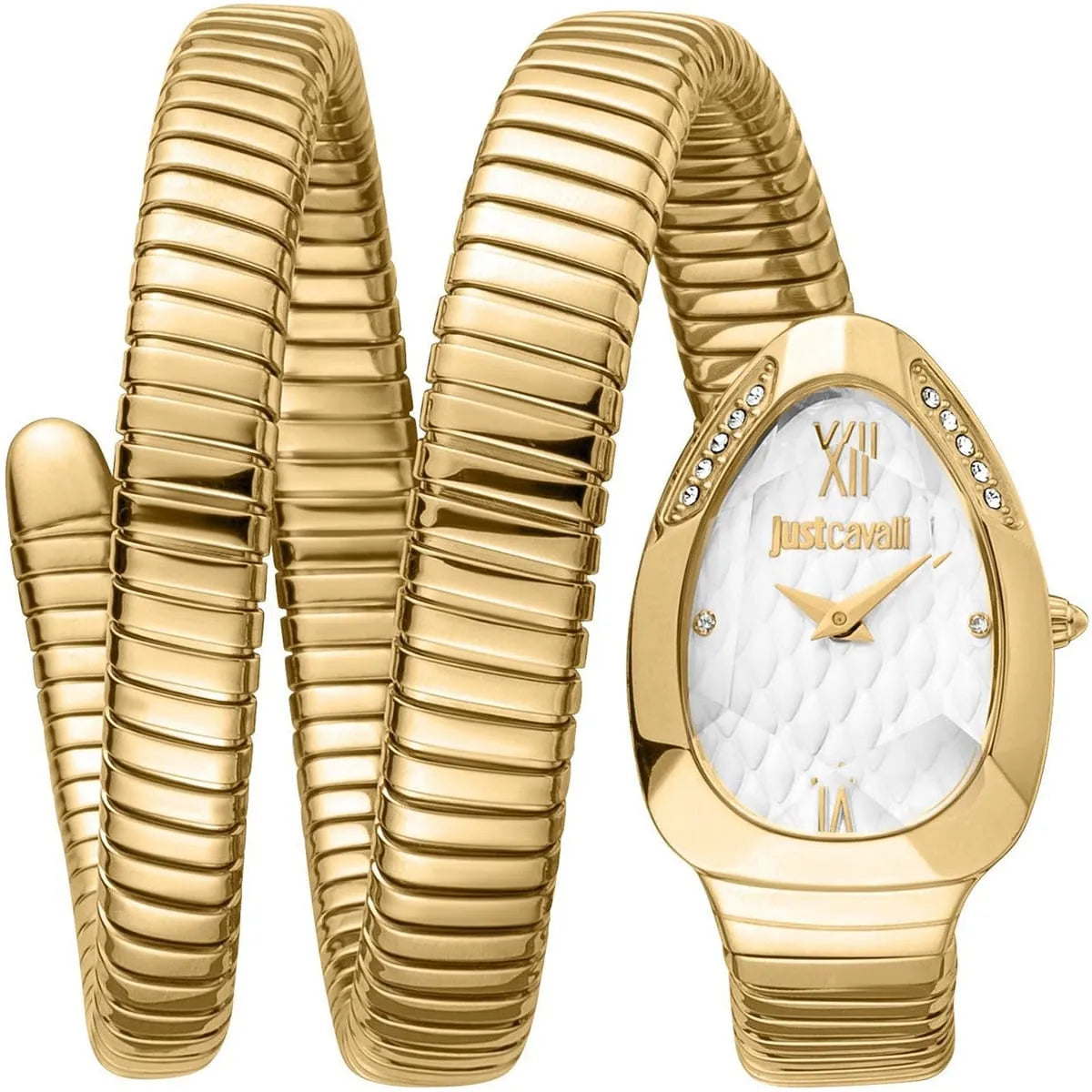 Just Cavalli Signature Snake JC1L224M0035 women's watch - silver quilted dial gold steel triple-wrap strap