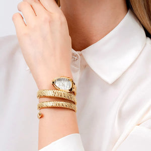 Close up shot of Just Cavalli JC1L226M0025 on wrist showing the elegant gold snake design coiled three times and glitter dial from Luxury Hub Store
