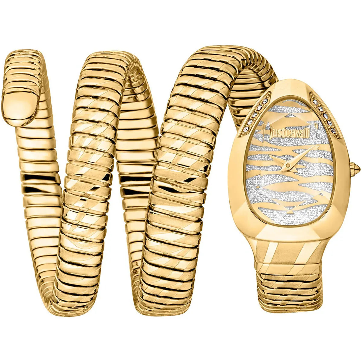 Authentic real-life photo of Just Cavalli JC1L226M0025 showing the gold-tone triple wrap snake bracelet and glitter dial from Luxury Hub Store