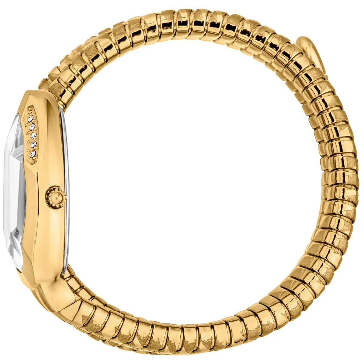 Side view photo of the unique case of Just Cavalli JC1L226M0025 showing case thickness and asymmetric snake shape from Luxury Hub Store