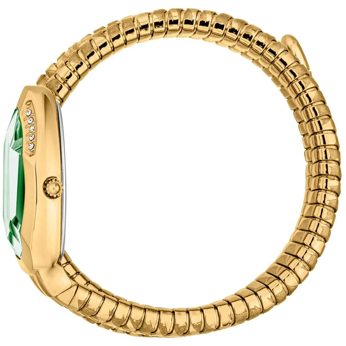 Side view photo of the unique case of Just Cavalli JC1L226M0035 showing case thickness and asymmetric snake shape from Luxury Hub Store