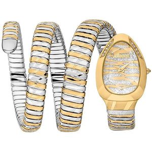 Authentic real-life photo of Just Cavalli JC1L226M0055 showing the two-tone triple wrap snake bracelet and glitter dial from Luxury Hub Store