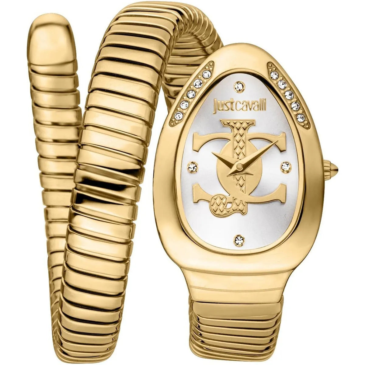 Gold watch with textured band and Just Cavalli logo on a white background