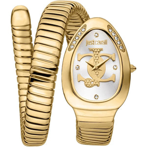 Gold watch with textured band and Just Cavalli logo on a white background