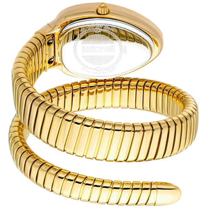 Gold snake-shaped watch on a white background
