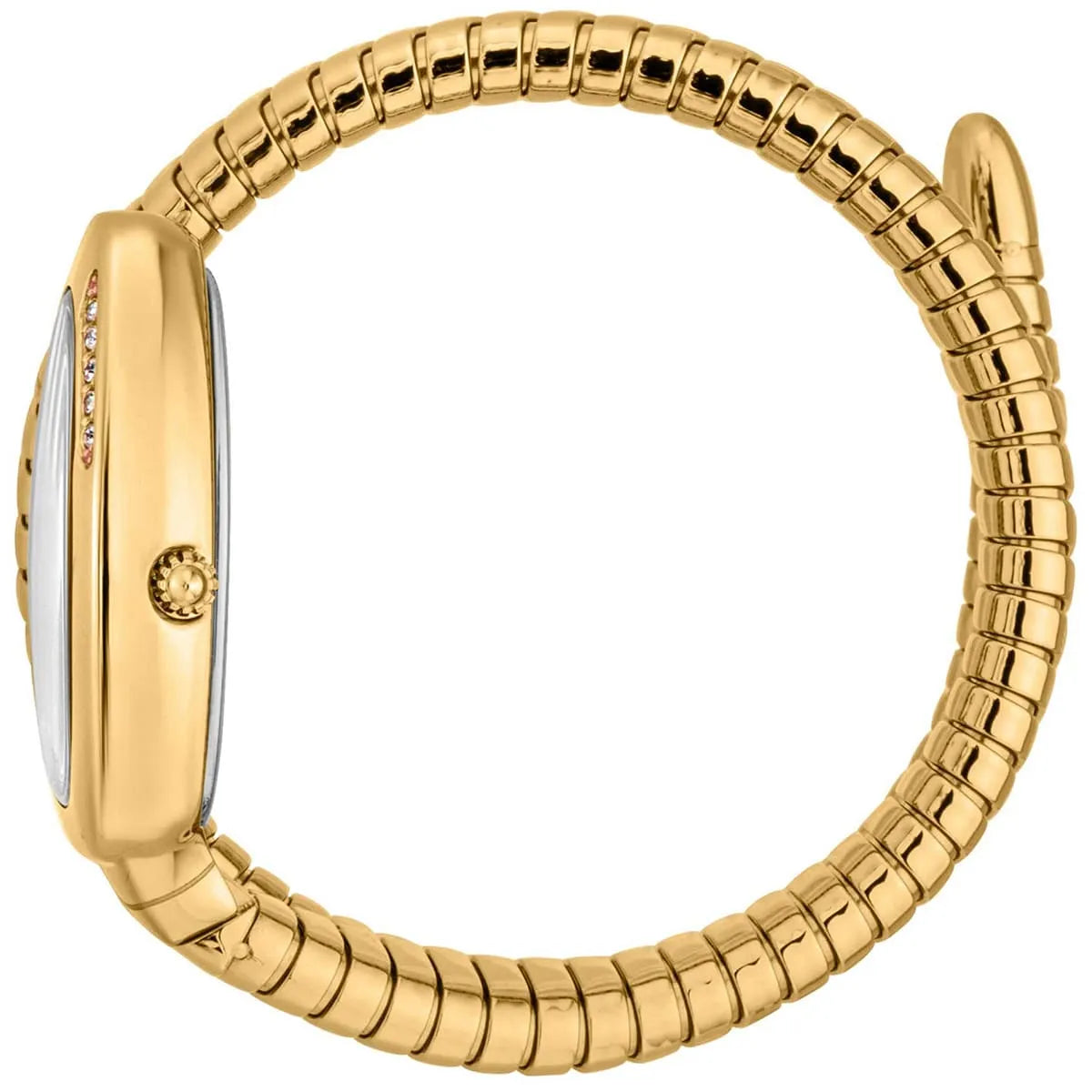 Gold watch with a textured band on a white background