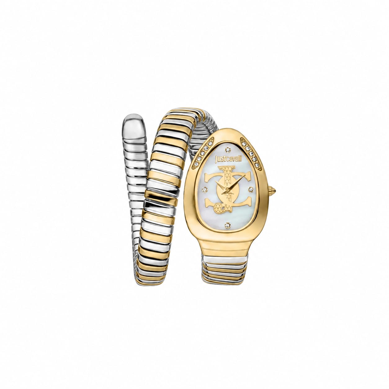 Authentic real-life photo of Just Cavalli JC1L227M0065 showing the two-tone double wrap snake bracelet and mother of pearl dial from Luxury Hub Store