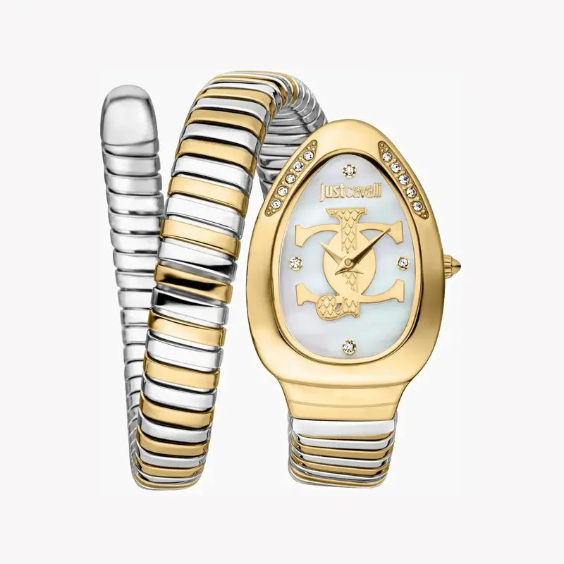 Gold and silver watch with a detailed face on a white background