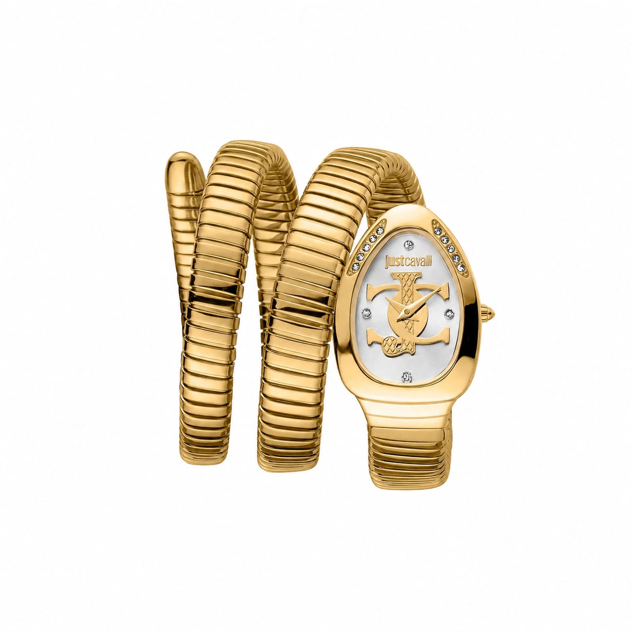Authentic real-life photo of Just Cavalli JC1L228M0035 showing the gold-tone triple wrap snake bracelet and silver dial from Luxury Hub Store