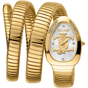 Gold watch and bracelet set with Just Cavalli logo on a white background