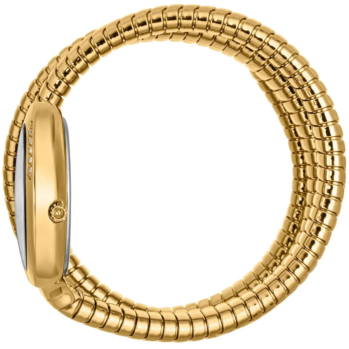 Side view photo of the unique case of Just Cavalli JC1L228M0035 showing case thickness and asymmetric snake shape from Luxury Hub Store