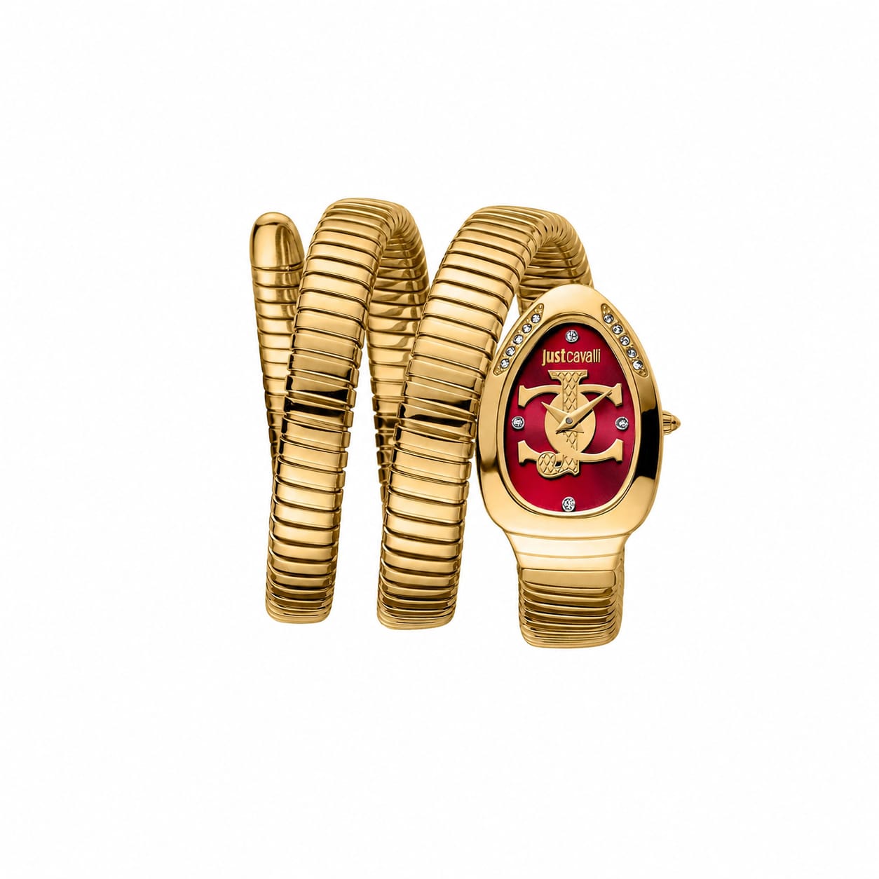 Authentic real-life photo of Just Cavalli JC1L228M0045 showing the gold-tone triple wrap snake bracelet and red dial from Luxury Hub Store