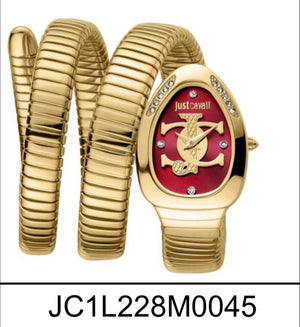 Gold watch with red face and 'just cavalli' logo on a white background