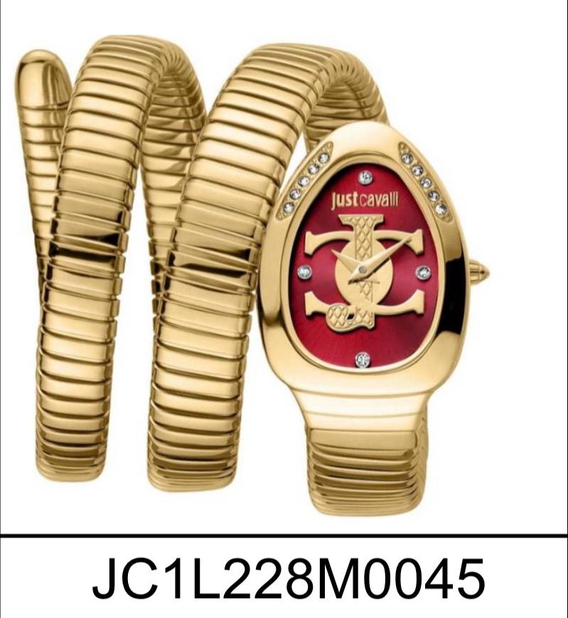 Gold watch with red face and 'just cavalli' logo on a white background
