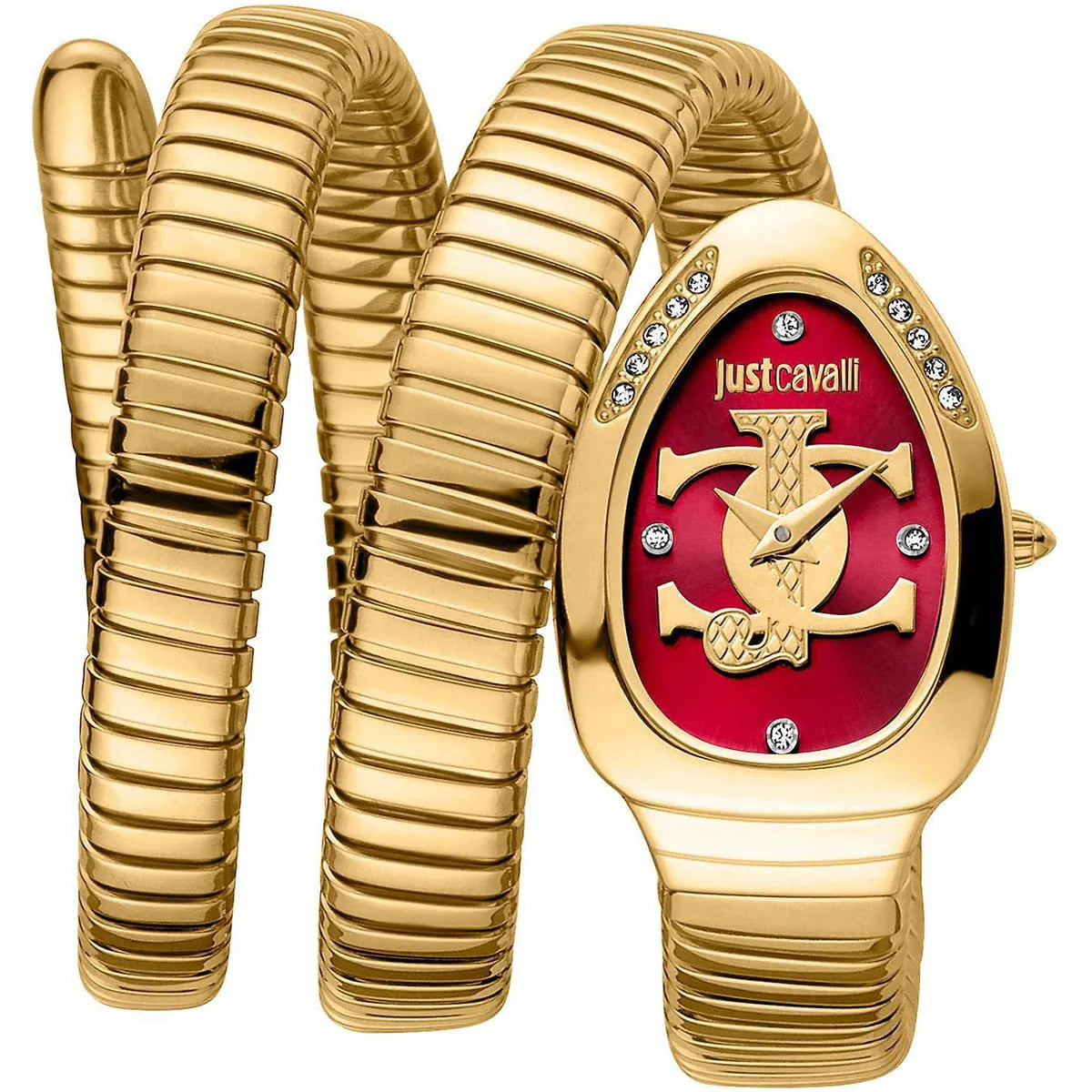 Gold watch with red face and Just Cavalli logo on a white background