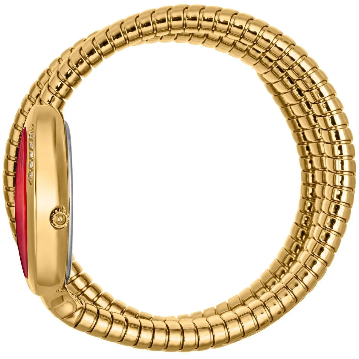 Side view photo of the unique case of Just Cavalli JC1L228M0045 showing case thickness and asymmetric snake shape from Luxury Hub Store