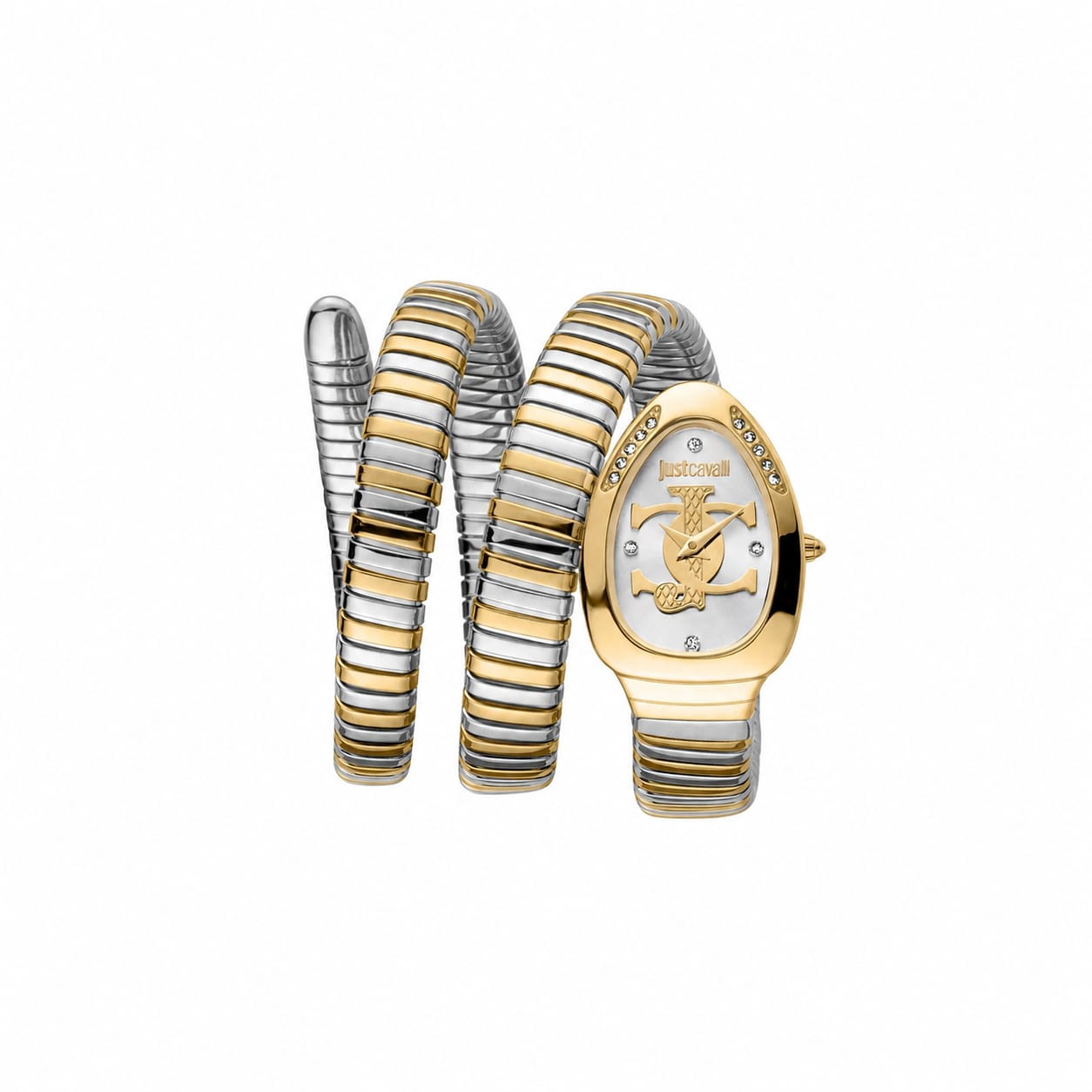 Authentic real-life photo of Just Cavalli JC1L228M0065 showing the two-tone triple wrap snake bracelet and silver dial from Luxury Hub Store