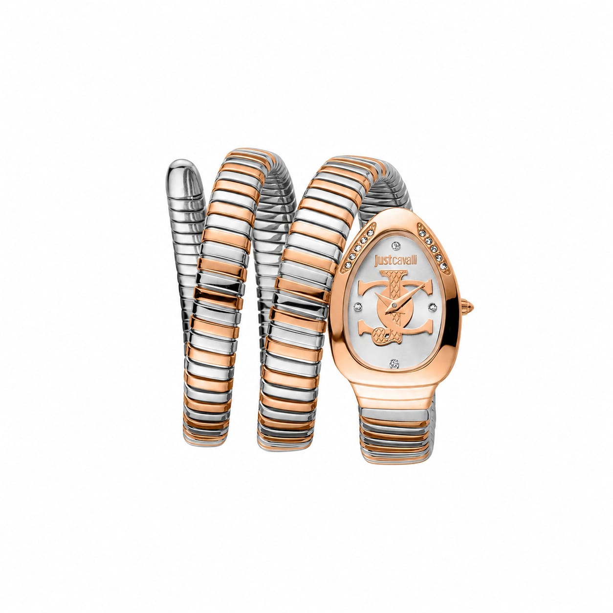 Authentic real-life photo of Just Cavalli JC1L228M0085 showing the rose gold and silver triple wrap snake bracelet and silver dial from Luxury Hub Store