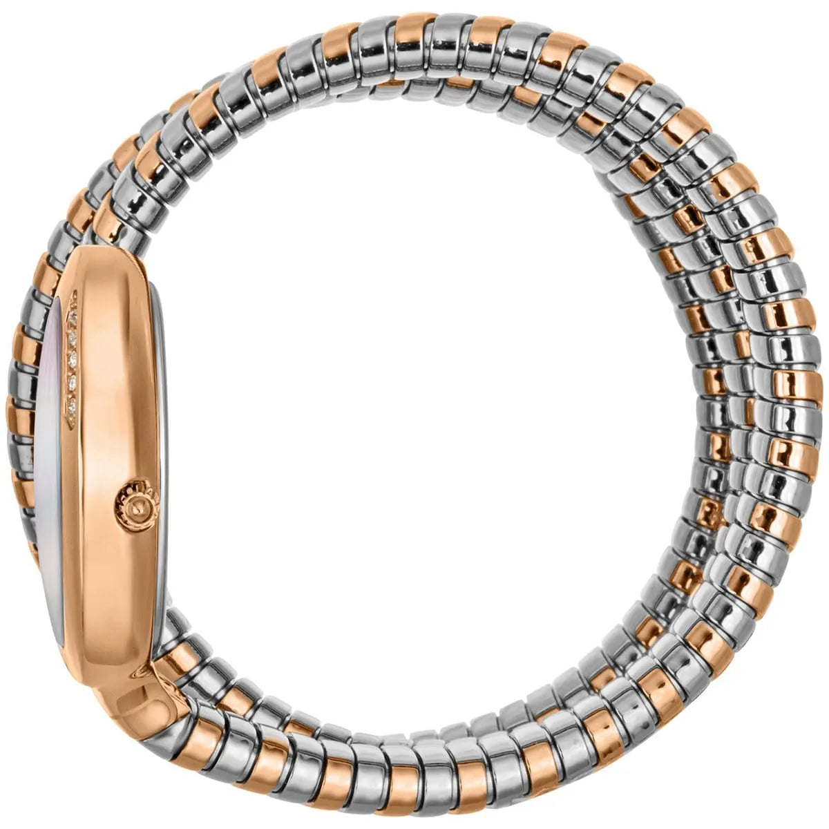 Side view photo of the unique case of Just Cavalli JC1L228M0085 showing case thickness and asymmetric snake shape from Luxury Hub Store