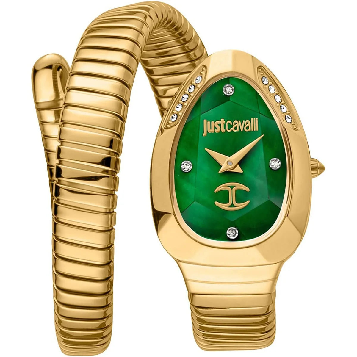 Authentic real-life photo of Just Cavalli JC1L229M0035 showing the gold-tone double wrap snake bracelet and green dial from Luxury Hub Store