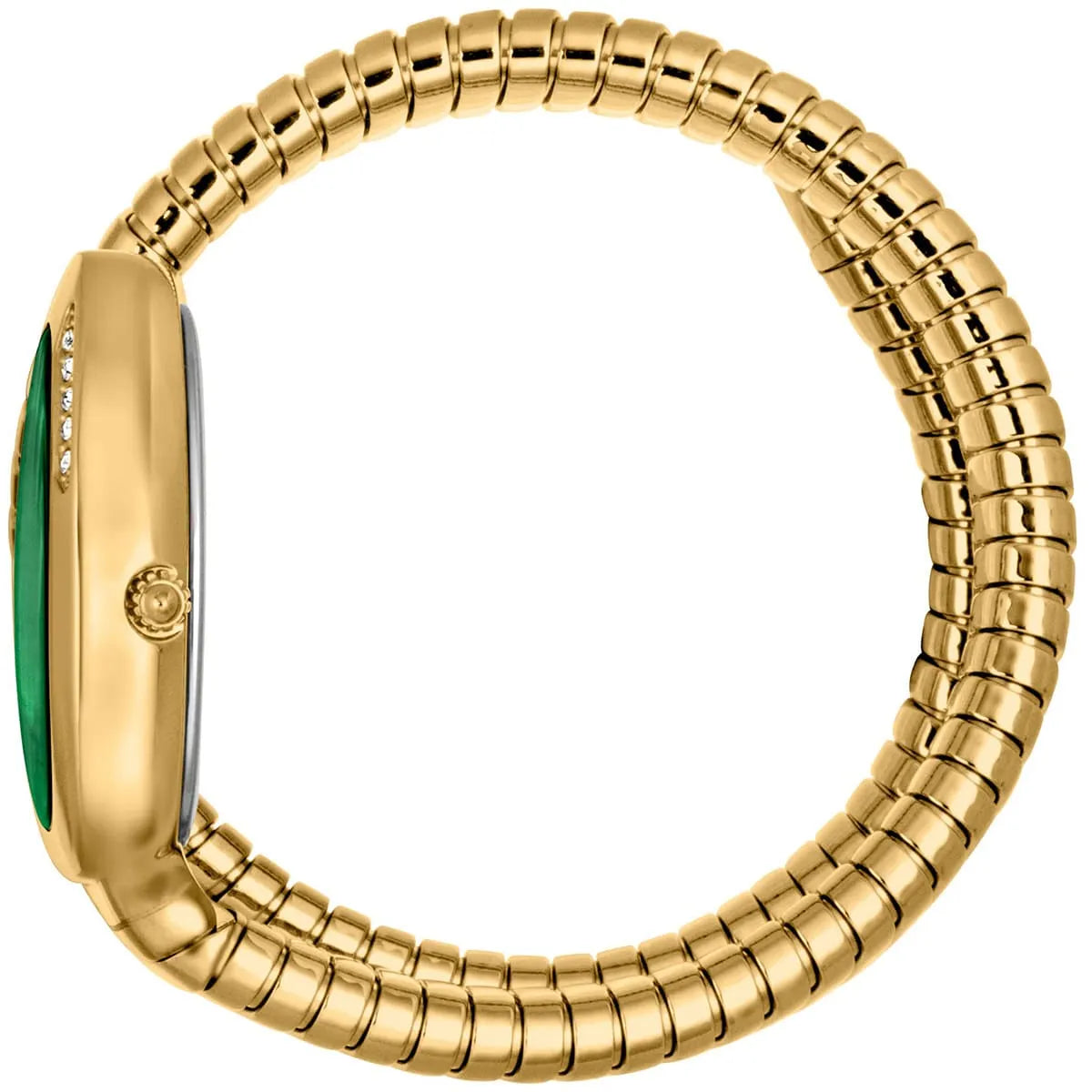 Side view photo of the unique case of Just Cavalli JC1L229M0035 showing case thickness and asymmetric shape from Luxury Hub Store