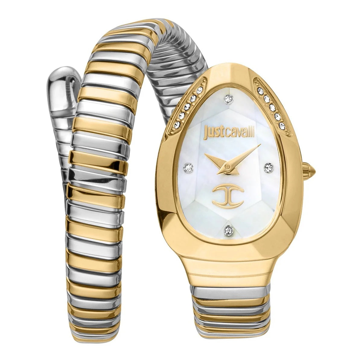 Authentic real-life photo of Just Cavalli JC1L229M0065 showing the two-tone double wrap snake bracelet and mother of pearl dial from Luxury Hub Store