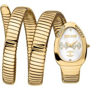 Gold watch with snake-like design and 'just cavalli' branding on a white background