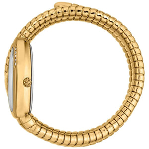 Gold watch with a textured band on a white background