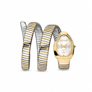 Authentic real-life photo of Just Cavalli JC1L228M0065 showing the two-tone triple wrap snake bracelet and white dial from Luxury Hub Store