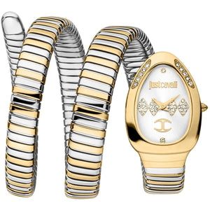 Gold and silver watch with decorative face on a white background