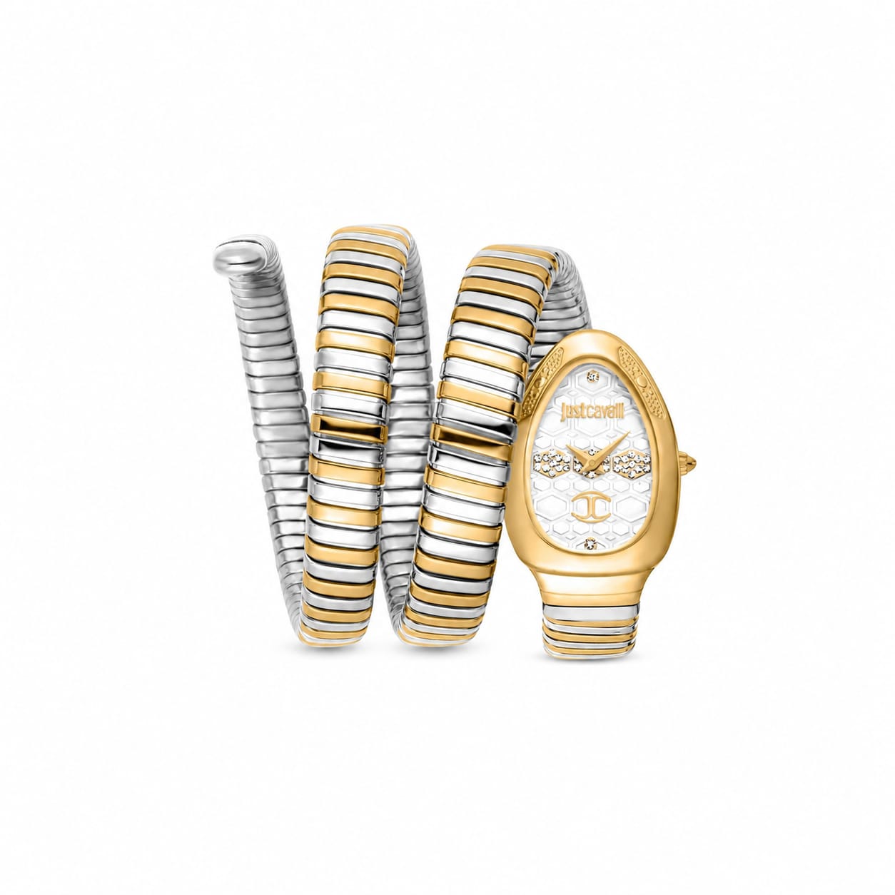 Authentic real-life photo of Just Cavalli JC1L232M0055 showing the two-tone triple wrap snake bracelet and white dial from Luxury Hub Store