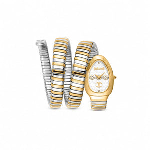 Authentic real-life photo of Just Cavalli JC1L232M0055 showing the two-tone triple wrap snake bracelet and white dial from Luxury Hub Store