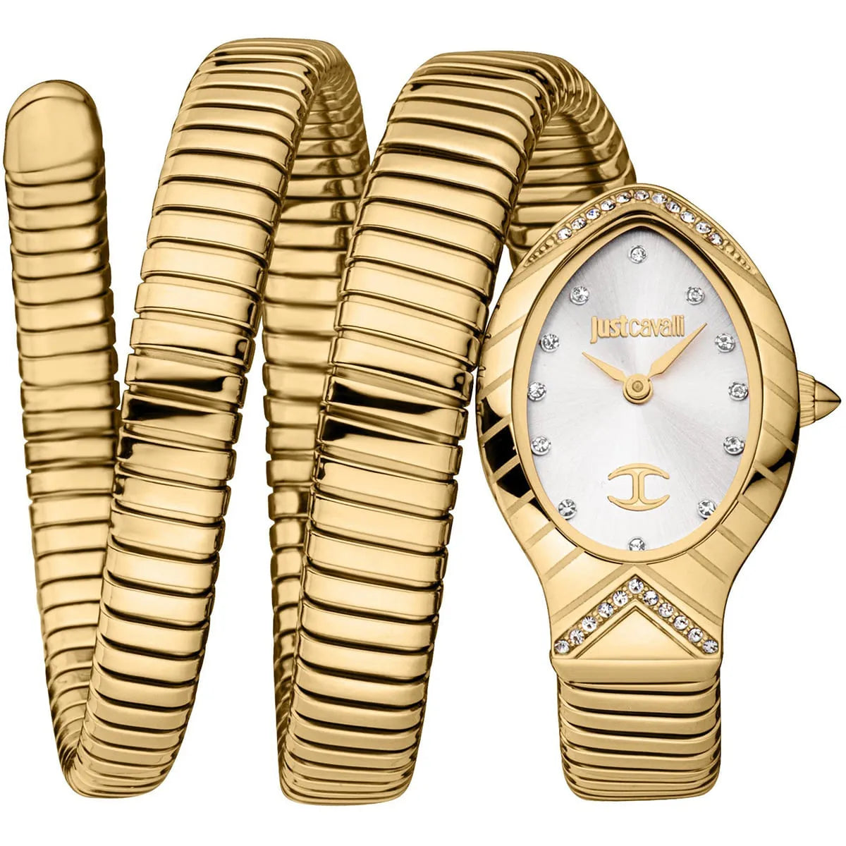 Authentic real-life photo of Just Cavalli JC1L248M0025 showing the gold-tone triple wrap snake bracelet and silver dial from Luxury Hub Store