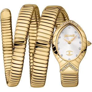 Authentic real-life photo of Just Cavalli JC1L248M0025 showing the gold-tone triple wrap snake bracelet and silver dial from Luxury Hub Store