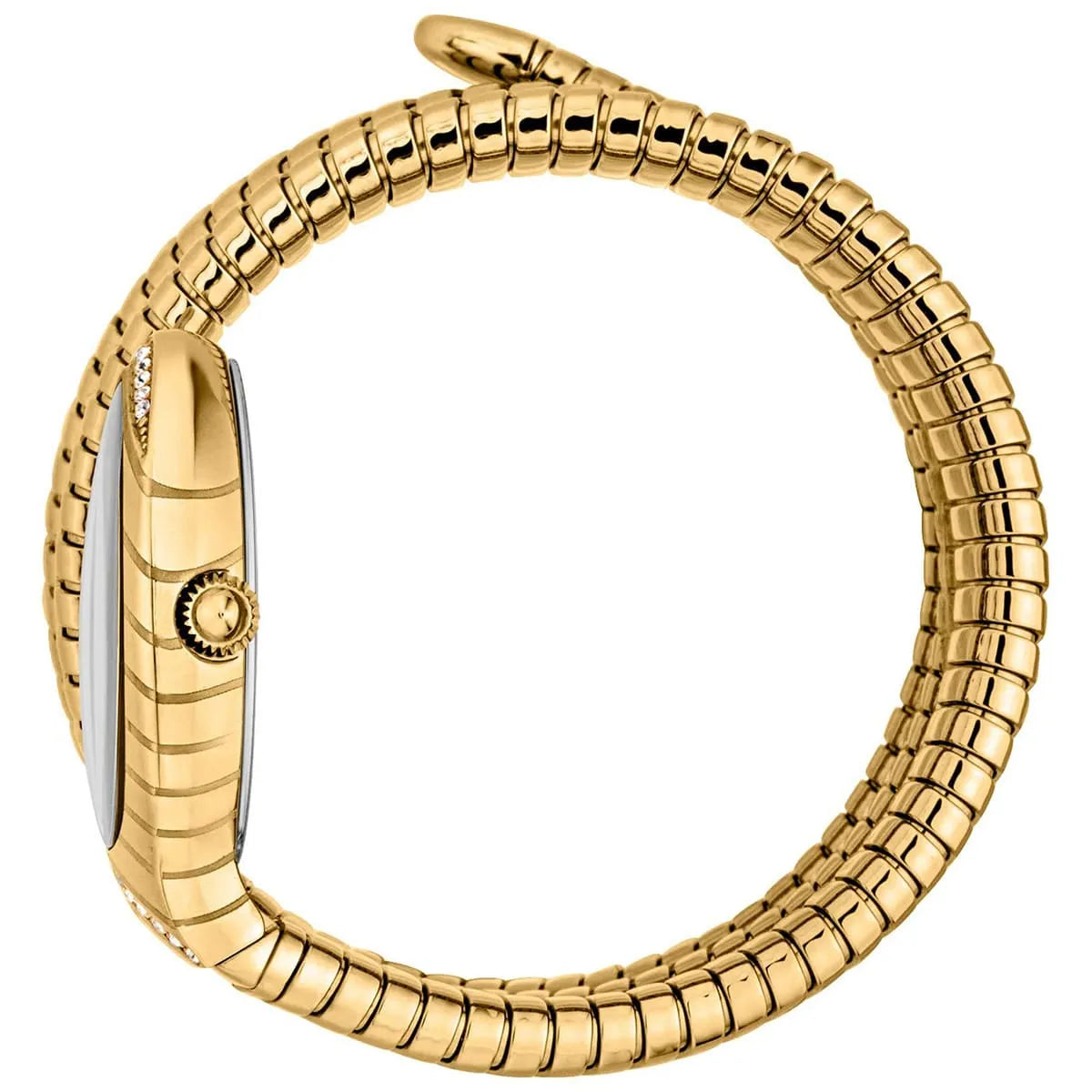 Side view photo of the unique case of Just Cavalli JC1L248M0025 showing case thickness and asymmetric snake shape from Luxury Hub Store