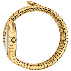 Side view photo of the unique case of Just Cavalli JC1L248M0025 showing case thickness and asymmetric snake shape from Luxury Hub Store
