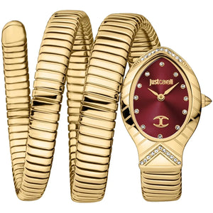 Just Cavalli Signature Snake JC1L248M0035 women's watch - red crystal dial gold steel triple-wrap strap