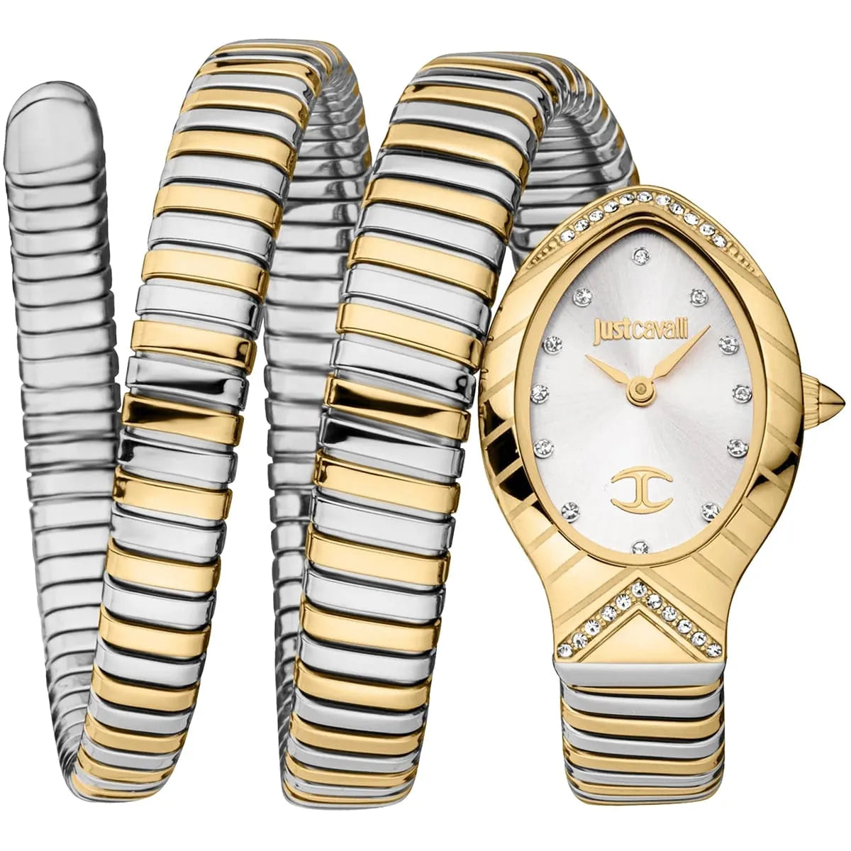 Authentic real-life photo of Just Cavalli JC1L248M0055 showing the two-tone double wrap snake bracelet and silver dial from Luxury Hub Store