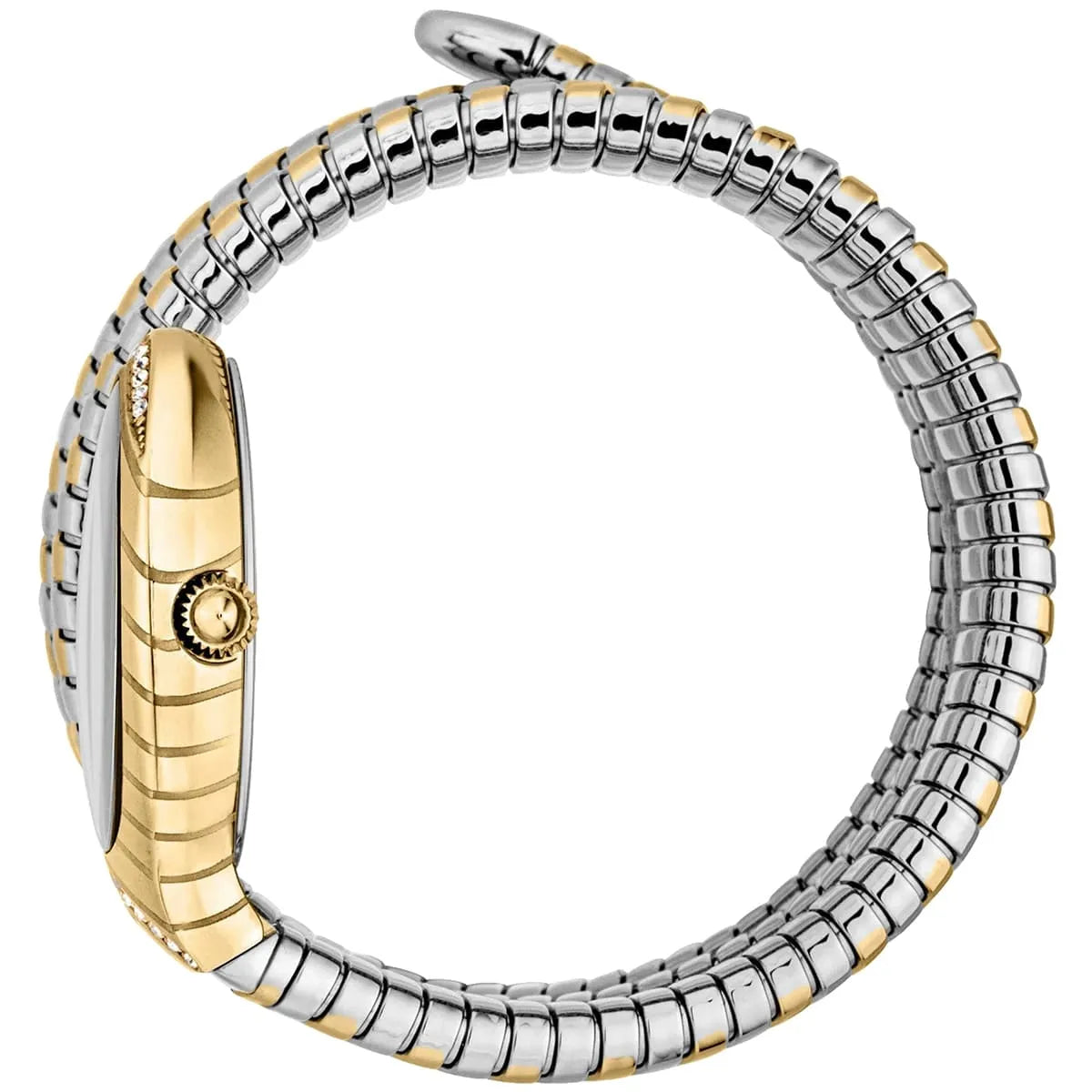 Side view photo of the unique case of Just Cavalli JC1L248M0055 showing case thickness and asymmetric shape from Luxury Hub Store
