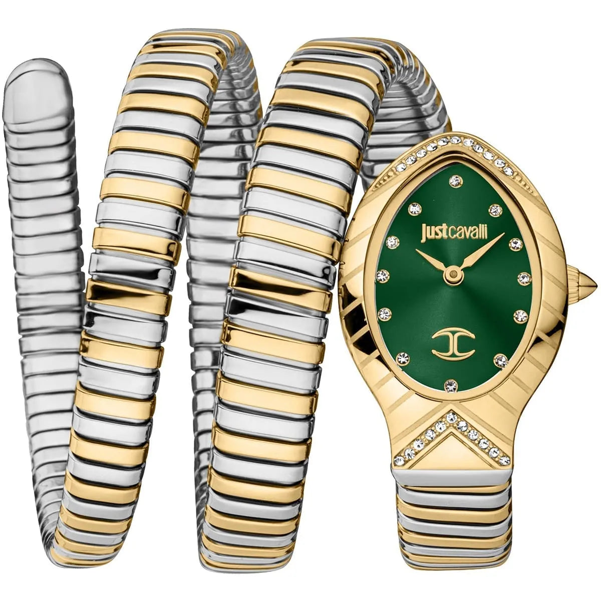 Just Cavalli Signature Snake JC1L248M0065 women's watch - green crystal dial two-tone steel triple-wrap strap