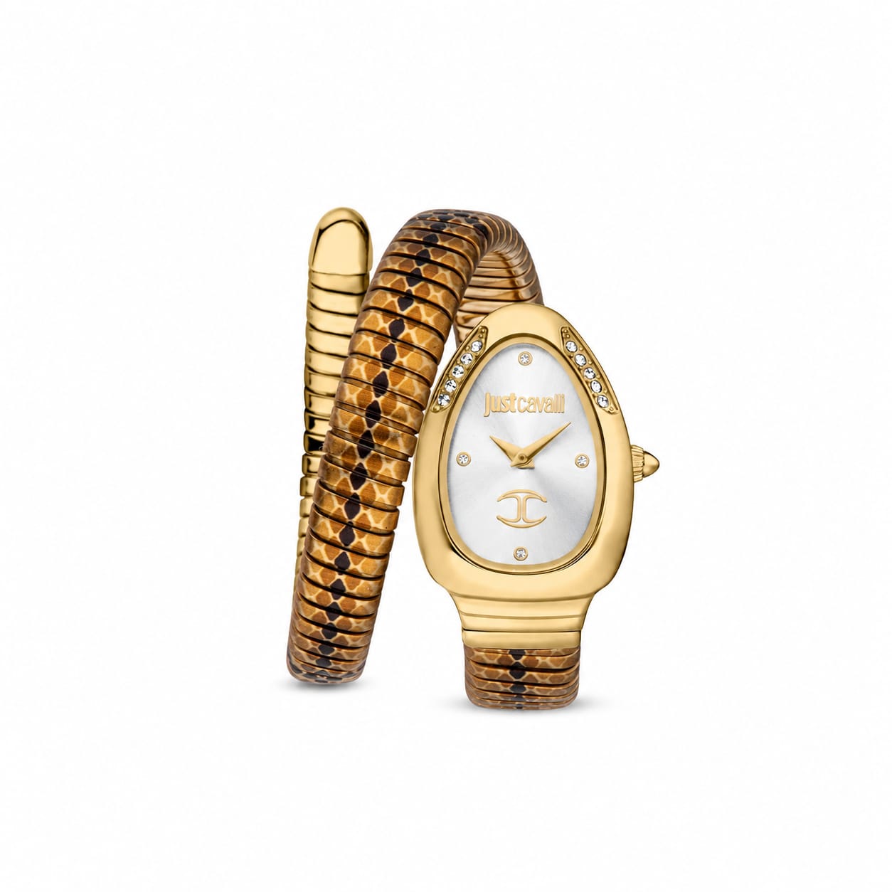 Authentic real-life photo of Just Cavalli JC1L251M0025 showing the gold-tone double wrap snake bracelet and silver dial from Luxury Hub Store