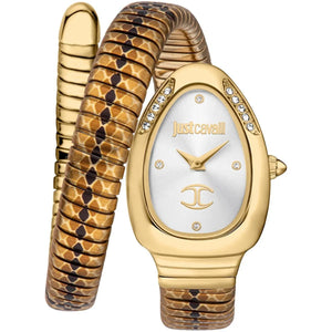 Gold watch with snake skin pattern strap on a white background