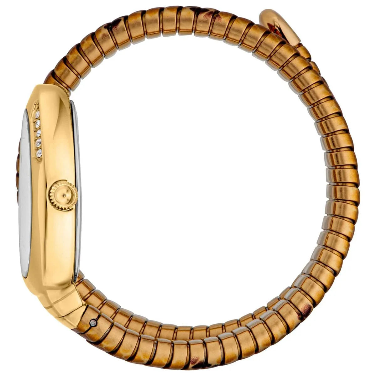 Side view photo of the unique case of Just Cavalli JC1L251M0025 showing case thickness and asymmetric snake shape from Luxury Hub Store