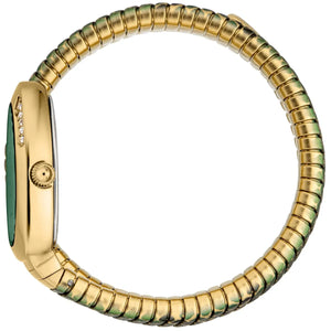 Side view photo of the unique case of Just Cavalli JC1L251M0035 showing case thickness and asymmetric snake shape from Luxury Hub Store