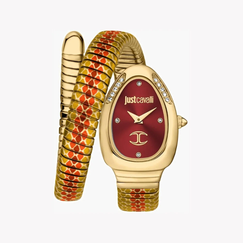 Authentic real-life photo of Just Cavalli JC1L251M0045 showing the gold-tone double wrap snake bracelet and red dial from Luxury Hub Store
