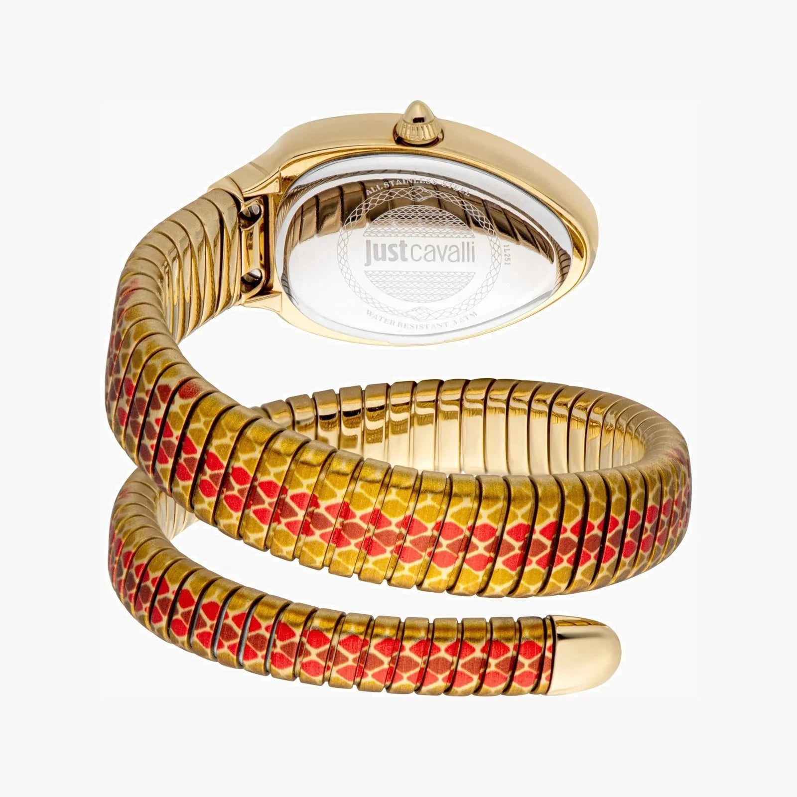 Side view photo of the unique case of Just Cavalli JC1L251M0045 showing case thickness and asymmetric snake shape from Luxury Hub Store