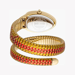 Side view photo of the unique case of Just Cavalli JC1L251M0045 showing case thickness and asymmetric snake shape from Luxury Hub Store